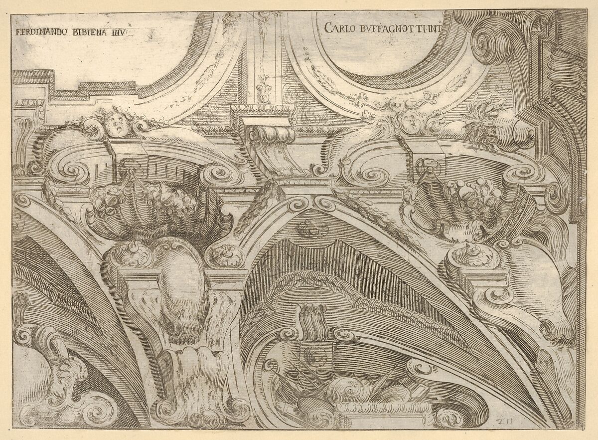 Architectural detail of an elaborate cornice, seen from below, Carlo Antonio Buffagnotti (Italian, Bologna 1660–after 1710 Ferrara), Etching 