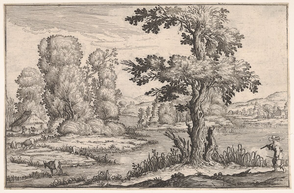 Landscape with goats grazing near a river and a figure in the right foreground, from a series of landscapes dedicated to the Grand Duke of Tuscany, Ercole Bazicaluva (Italian, born Pisa (?), ca. 1600, active Florence ca. 1638), Etching 