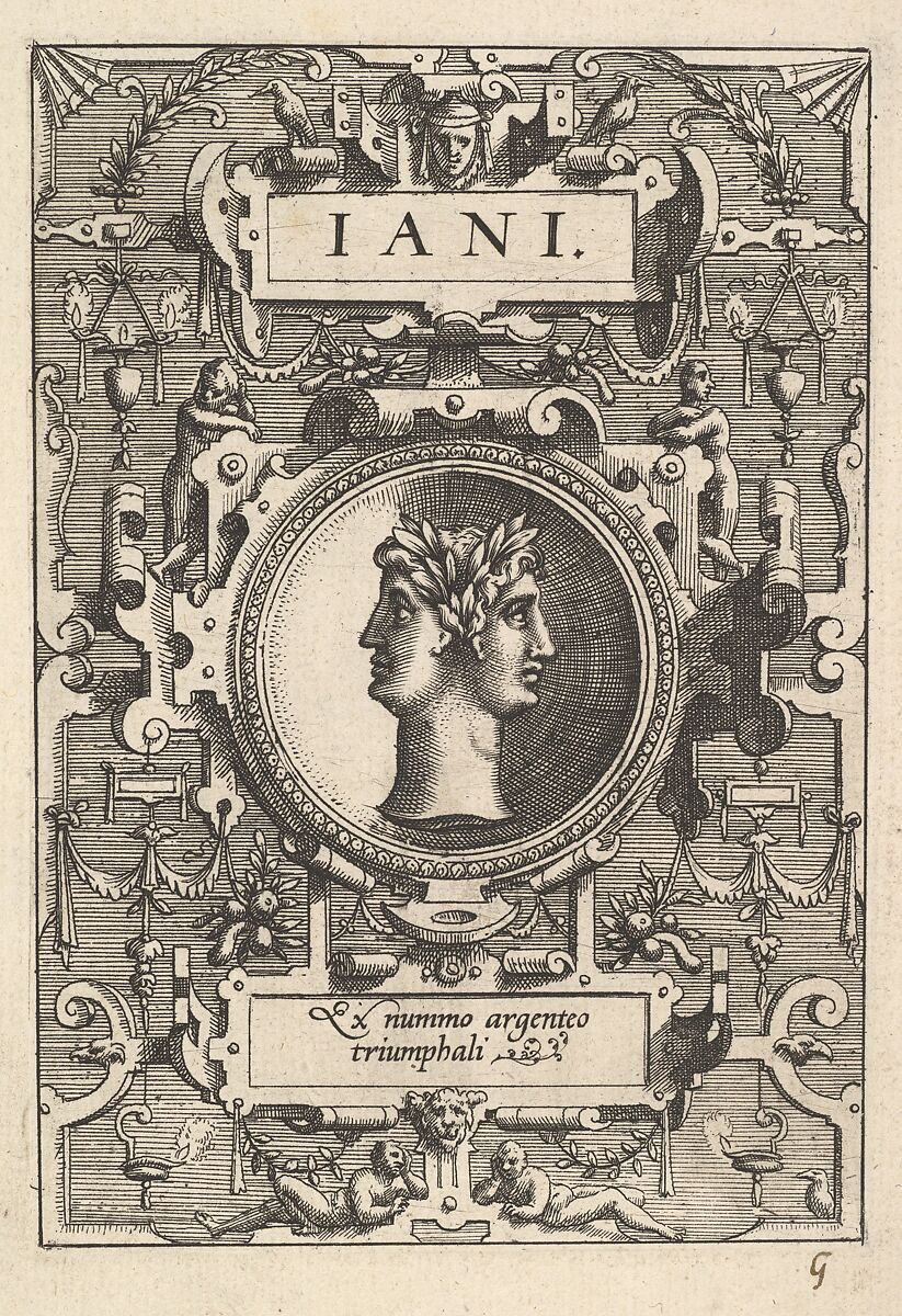Bust of Janus surrounded by strapwork, from the series 'Deorum dearumque,' a set of images of deities after coins in the collection of Abraham Ortelius, Possibly after Gerard van Groeningen (Netherlandish, active Antwerp, 1563–73), Etching 