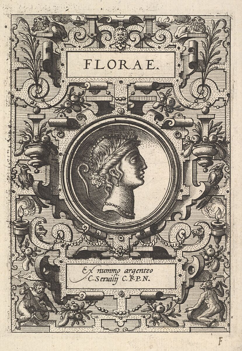 Bust of Florae surrounded by strapwork, from the series 'Deorum dearumque,' a set of images of deities after coins in the collection of Abraham Ortelius, After Hans Vredeman de Vries (Netherlandish, Leeuwarden 1527–1606 (?)  Antwerp (?)), Etching 