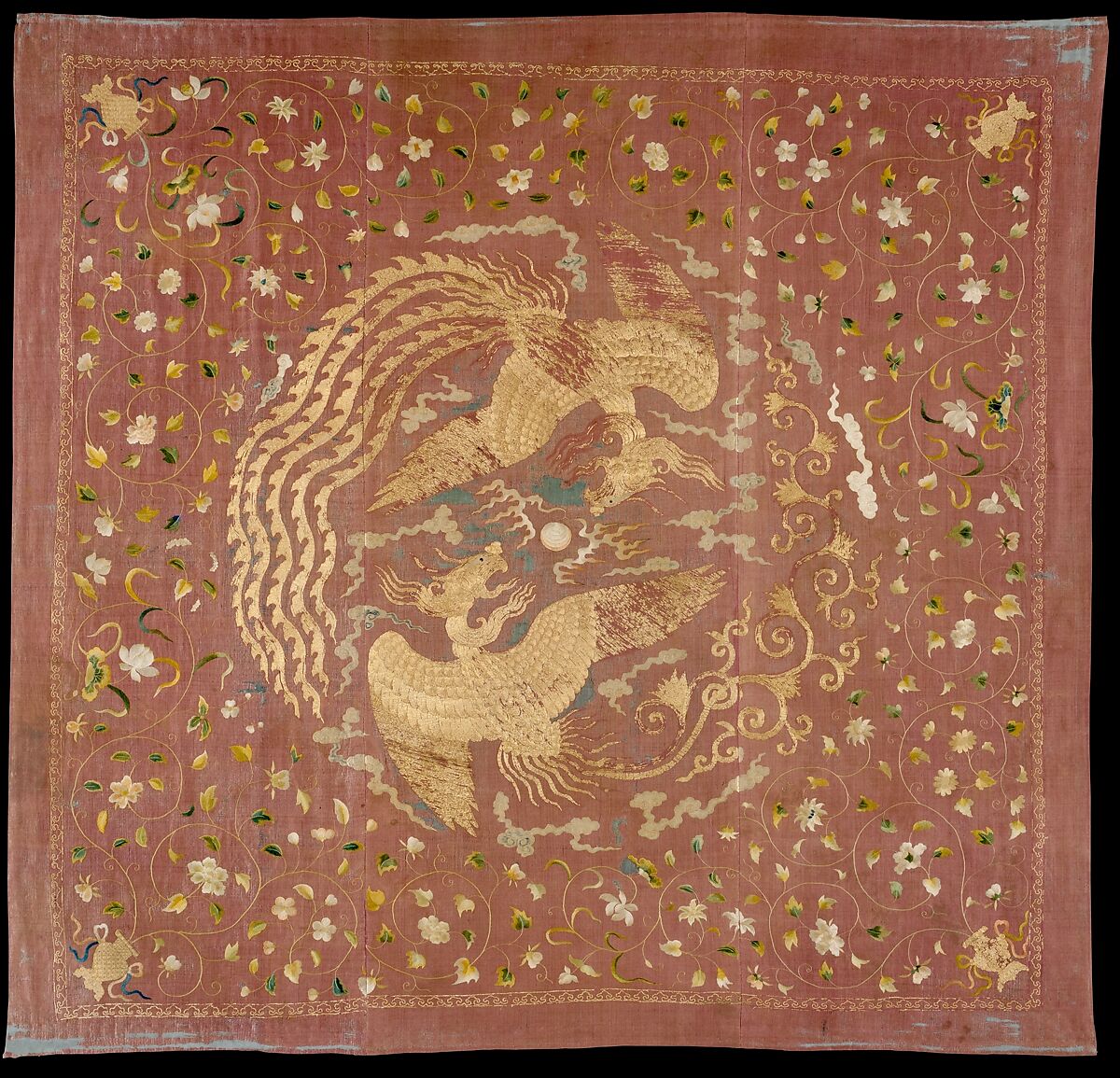 Panel with Phoenixes and Flowers, Silk and metallic thread embroidery on silk gauze, China 