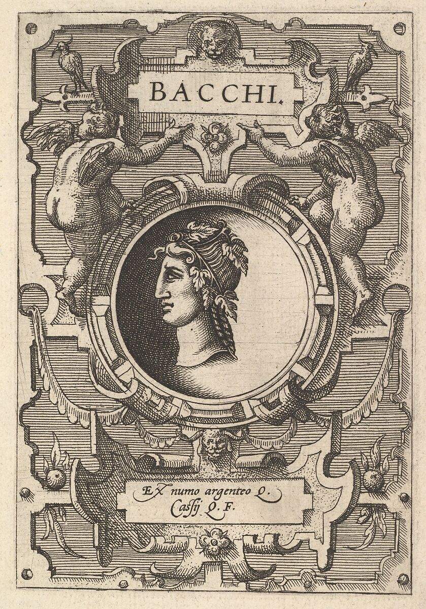 Bust of Bacchus surrounded by strapwork, from the series' Deorum dearumque,' a set of images of deities after coins in the collection of Abraham Ortelius, Gerard van Groeningen (Netherlandish, active Antwerp, 1563–73), Etching 