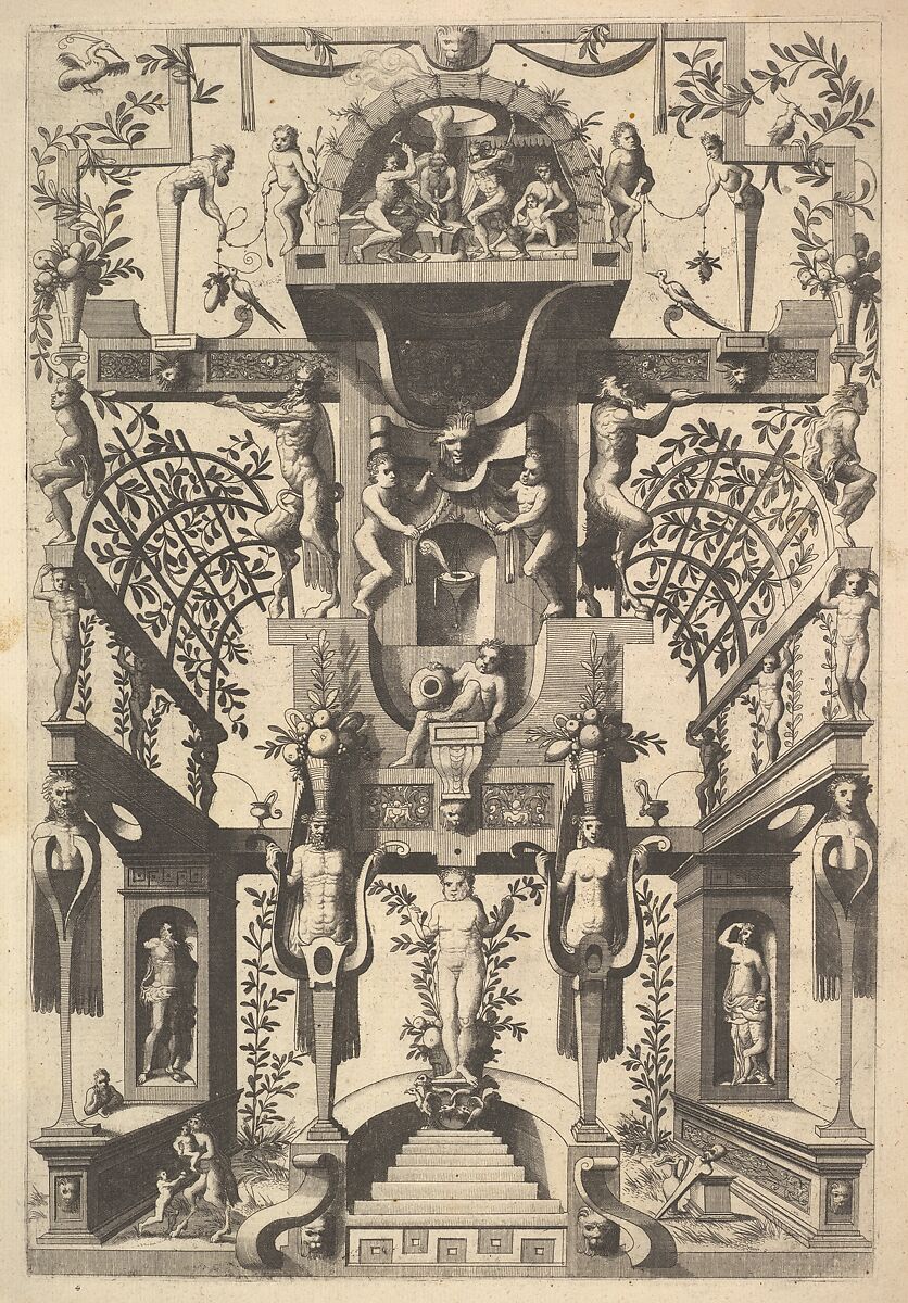 Fantastic Architecture Structure with Strapwork and Two Pergolas and a Small Scene with Vulcan's Forge at the Top, Cornelis Floris II (Netherlandish, Antwerp before 1514–1575 Antwerp), Etching and engraving 