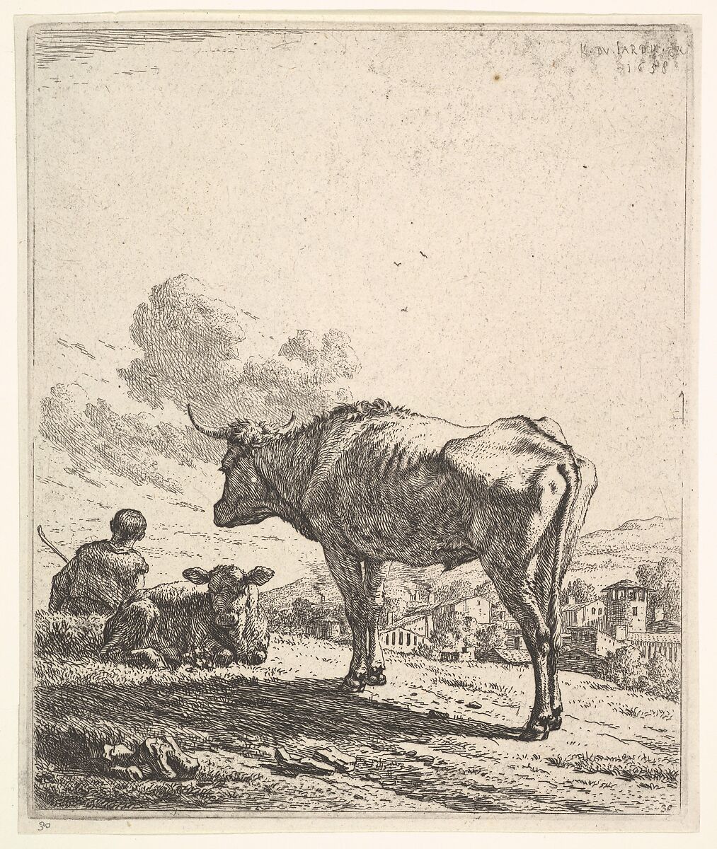 Cowherd with cow and calf on a hillside, the cowherd viewed from behind and seated in the grass, the cow standing and facing the recumbent calf, a village beyond, Karel Dujardin (Dutch, Amsterdam 1622–1678 Venice), Etching 
