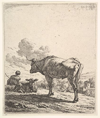Cowherd with cow and calf on a hillside, the cowherd viewed from behind and seated in the grass, the cow standing and facing the recumbent calf, a village beyond