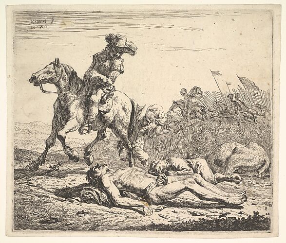 Battlefield with horseman looking over his left shoulder toward stripped corpse on the ground, a clothed figure and horse lying to the right, horsemen carrying flags beyond