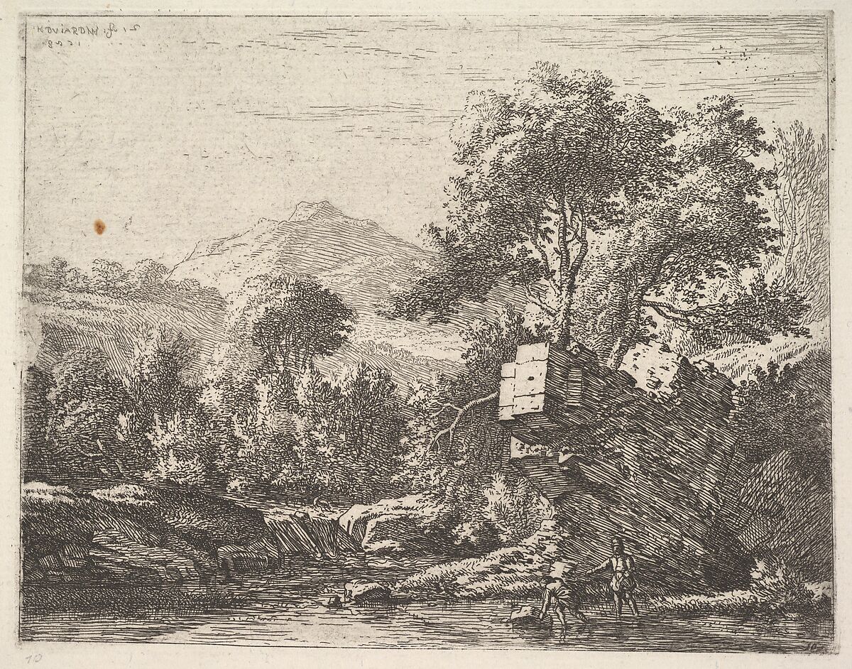 Two men standing ankle-deep in a body of water with a rocky outcrop behind them, to the left a rocky bank, trees and a hilltop beyond, Karel Dujardin (Dutch, Amsterdam 1622–1678 Venice), Etching 