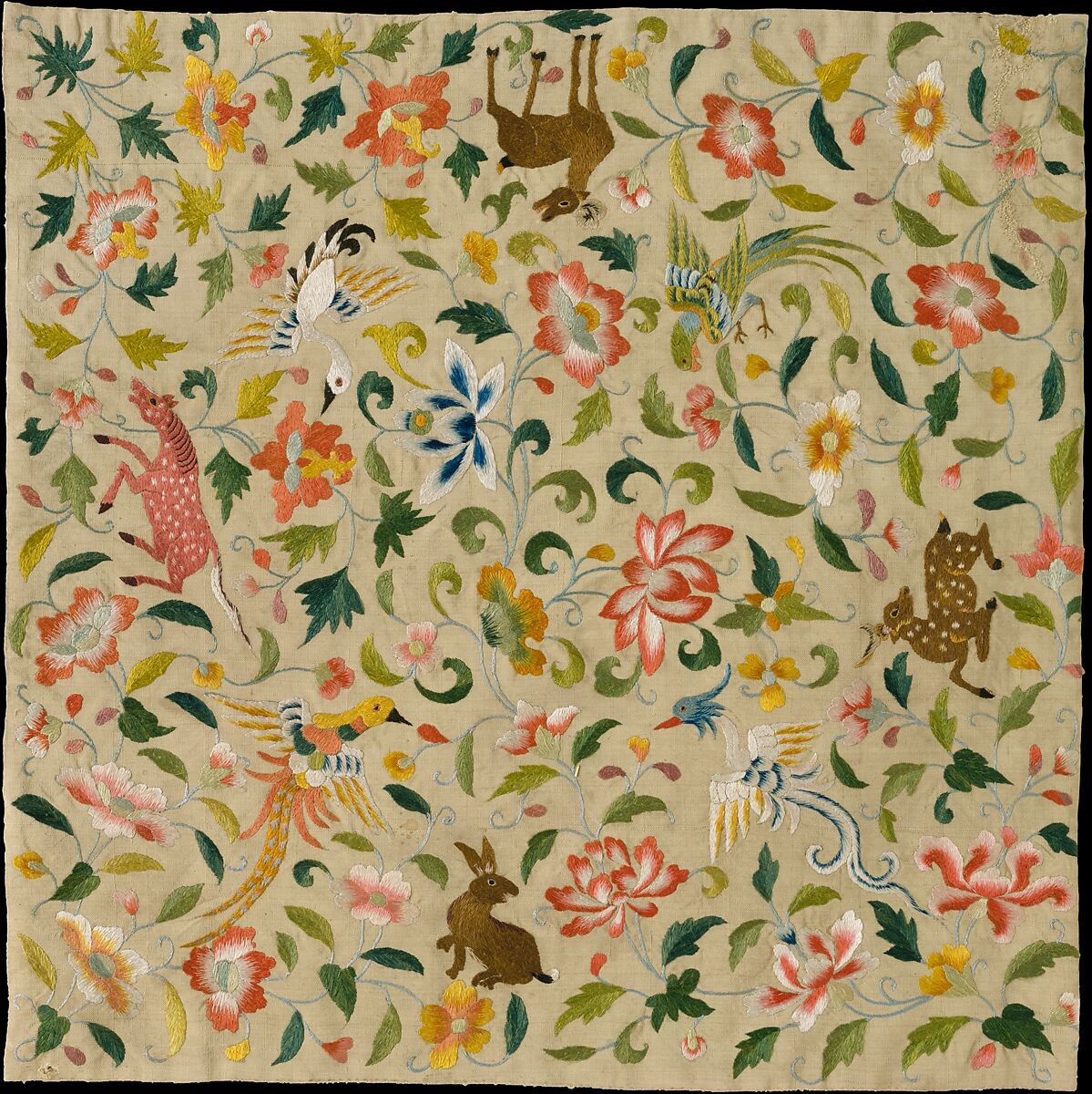 Textile with Animals, Birds, and Flowers, Silk embroidery on plain-weave silk, Eastern Central Asia 