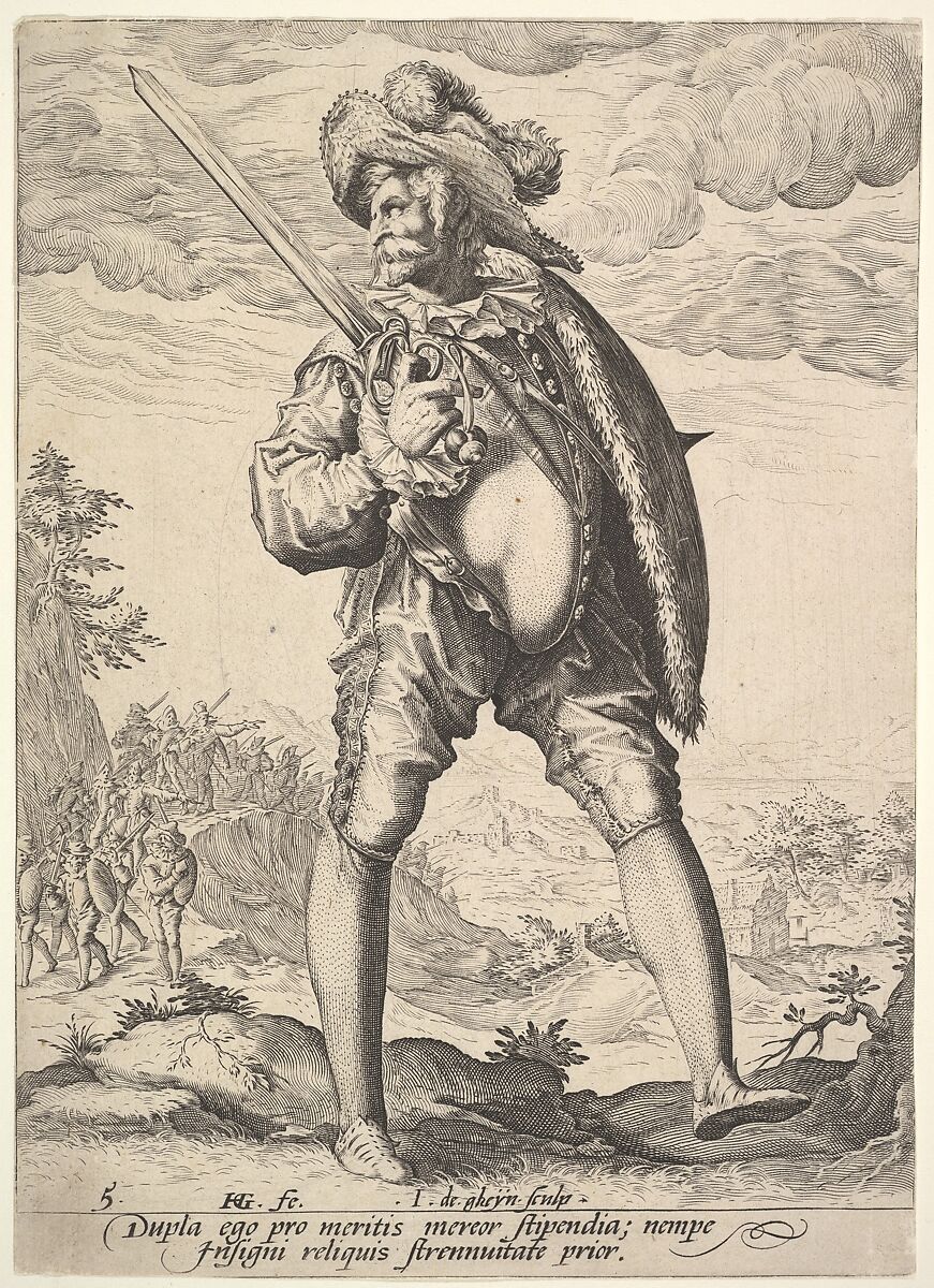 Soldier, Armed with Broadsword and Shield, from Officers and Soldiers, Jacques de Gheyn II (Netherlandish, Antwerp 1565–1629 The Hague), Engraving; first state of two (New Hollstein) 