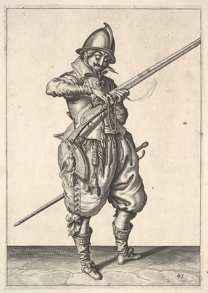 A soldier on guard shaping the match between his thumb and his forefinger, from the Marksmen series, plate 41, in Wapenhandelinghe van Roers Musquetten Ende Spiessen (The Exercise of Arms), after Jacques de Gheyn II (Netherlandish, Antwerp 1565–1629 The Hague), Engraving; second state of two (New Hollstein) 