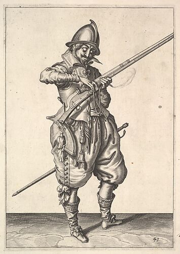 A soldier on guard shaping the match between his thumb and his forefinger, from the Marksmen series, plate 41, in Wapenhandelinghe van Roers Musquetten Ende Spiessen (The Exercise of Arms)