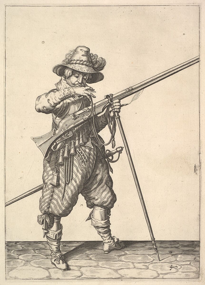 A soldier blowing on a match, from the Musketeers series, plate 40, in Wapenhandelinghe van Roers Musquetten Ende Spiessen (The Exercise of Arms), Jacques de Gheyn II (Netherlandish, Antwerp 1565–1629 The Hague), Engraving; third state of five (New Hollstein) 