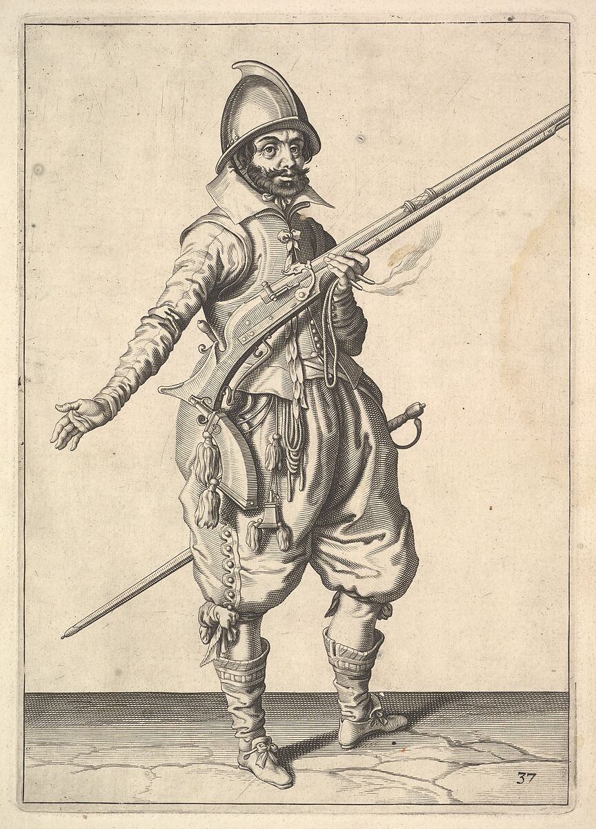 A soldier on guard freeing his right hand, from the Marksmen series, plate 37, in Wapenhandelinghe van Roers Musquetten Ende Spiessen (The Exercise of Arms), after Jacques de Gheyn II (Netherlandish, Antwerp 1565–1629 The Hague), Engraving; second state of two (New Hollstein) 
