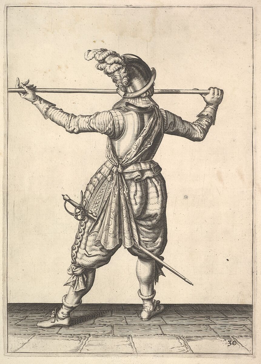 A soldier, seen from the rear, while turning to the right and holding his pike horizontally, from the Lansquenets series, plate 30, in Wapenhandelinghe van Roers Musquetten Ende Spiessen (The Exercise of Arms), after Jacques de Gheyn II (Netherlandish, Antwerp 1565–1629 The Hague), Engraving; second state of three (New Hollstein) 