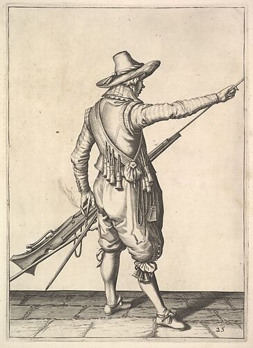 A soldier pulling out the ramrod from its holder, from the Musketeers series, plate 25, in Wapenhandelinghe van Roers Musquetten Ende Spiessen (The Exercise of Arms)