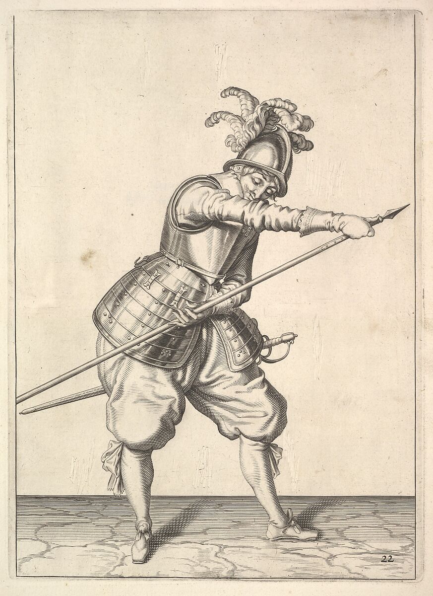 A soldier sliding his right hand along the training-pike, from the Lansquenets series, plate 22, in Wapenhandelinghe van Roers Musquetten Ende Spiessen (The Exercise of Arms), after Jacques de Gheyn II (Netherlandish, Antwerp 1565–1629 The Hague), Engraving; second state of three (New Hollstein) 