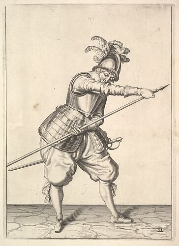 A soldier sliding his right hand along the training-pike, from the Lansquenets series, plate 22, in Wapenhandelinghe van Roers Musquetten Ende Spiessen (The Exercise of Arms)