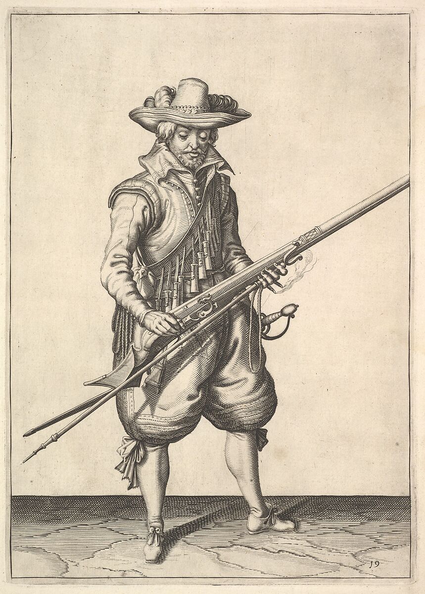 A soldier shaking the powder from the top of the pan, from the Musketeers series, plate 19, in Wapenhandelinghe van Roers Musquetten Ende Spiessen (The Exercise of Arms), after Jacques de Gheyn II (Netherlandish, Antwerp 1565–1629 The Hague), Engraving; third state of four (New Hollstein) 
