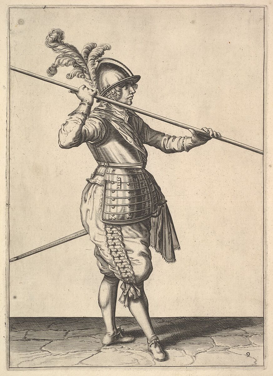 The second movement for bringing the pike on to the shoulder and holding it horizontally, from the Lansquenet series, plate 9, in Wapenhandelinghe van Roers Musquetten Ende Spiessen (The Exercise of Arms), after Jacques de Gheyn II (Netherlandish, Antwerp 1565–1629 The Hague), Engraving; second state of three (New Hollstein) 