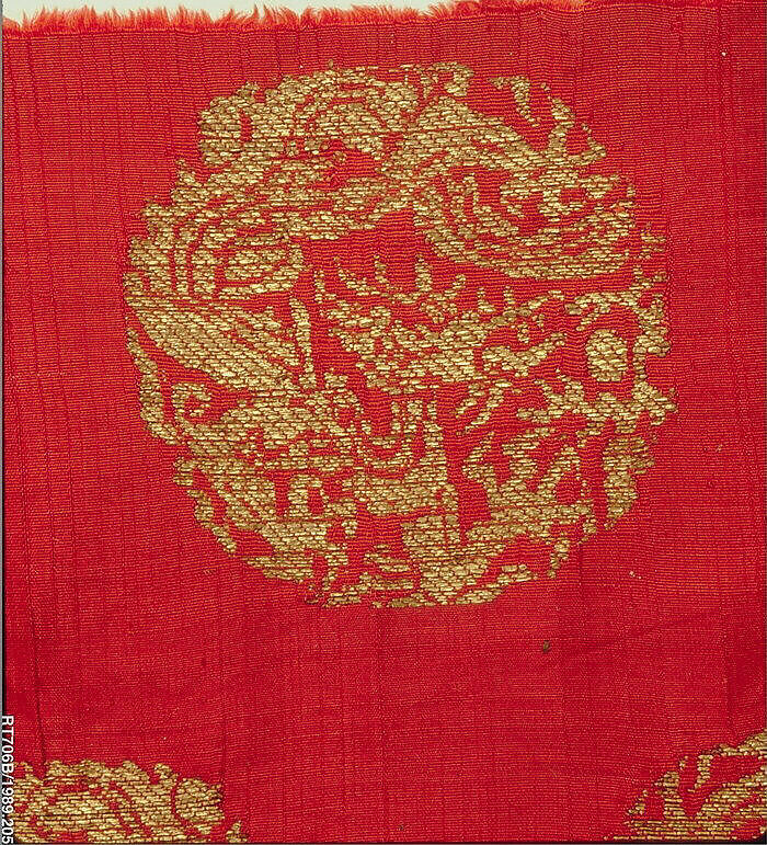 Textile with Coiled Dragons, Warp-faced plain weave silk brocaded with metal thread, China