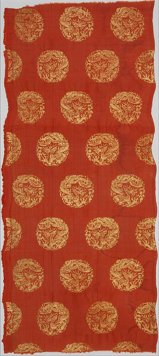 Textile with Coiled Dragons, Plain-weave silk brocaded with metallic thread, China 