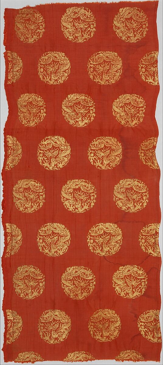 Textile with Coiled Dragons, Plain-weave silk brocaded with metallic thread, China