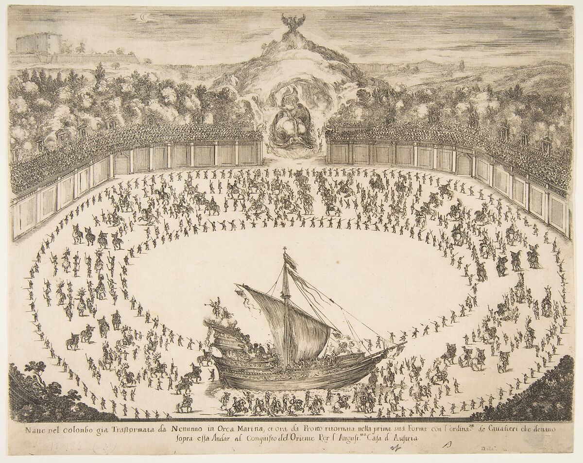 Parade float in the form of a ship, coat of arms of the Grand Duke of Modena at top, Stefano della Bella (Italian, Florence 1610–1664 Florence), Etching, engraving 