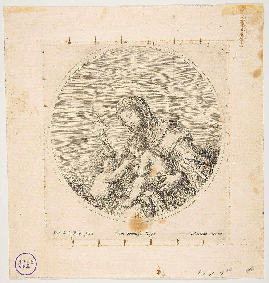 The Virgin and Child with Saint John, a round composition, Stefano della Bella (Italian, Florence 1610–1664 Florence), Etching; third state of three 