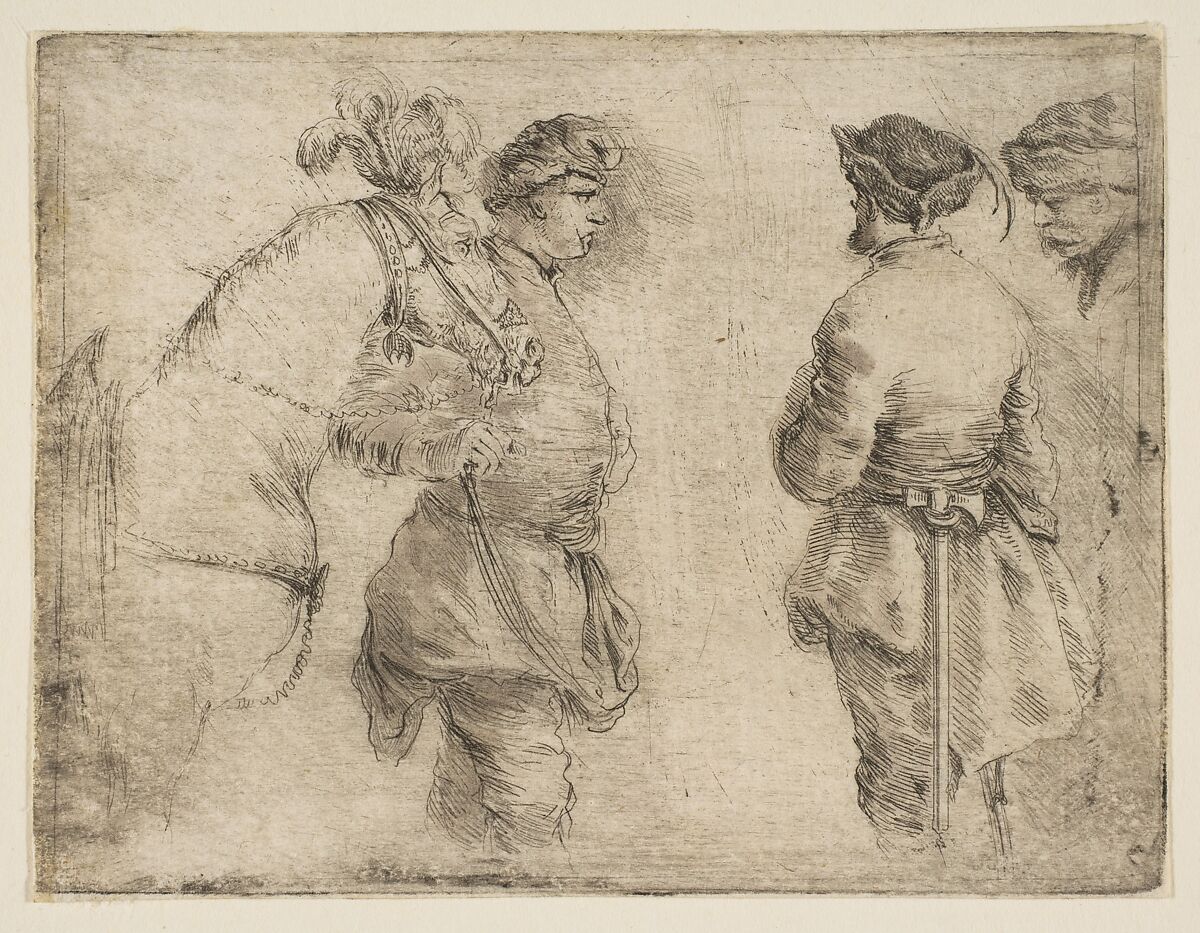 A Pole Leading a Horse by the Bridle and Speaking with Two Other Men, Stefano della Bella (Italian, Florence 1610–1664 Florence), Etching 