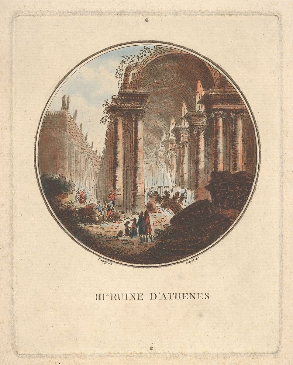 Ruins of Athens with a vaulted portico, Laurent Guyot (French, Paris 1756–1808), Hand-colored engraving 