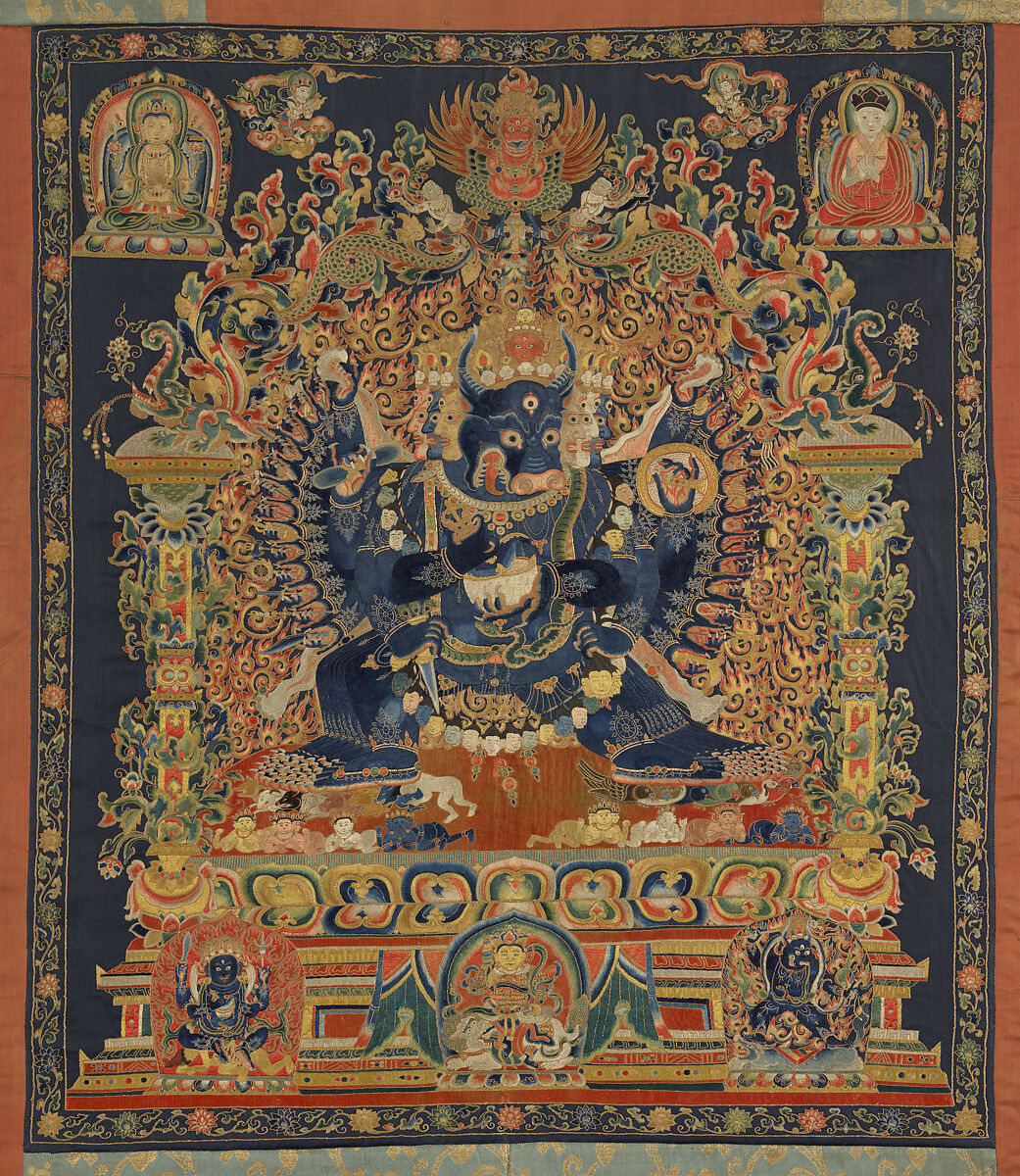 The Deity Vajrabhairava, Tantric Form of the Bodhisattva Manjushri, Embroidery in silk, metallic thread, and horsehair on silk satin, China
