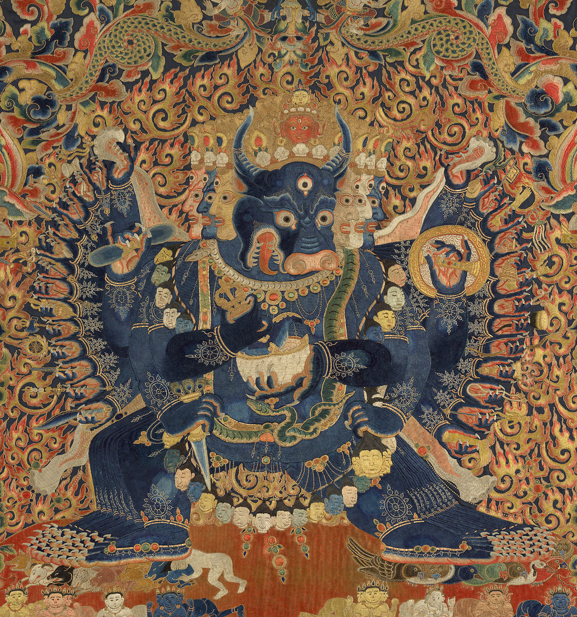The Deity Vajrabhairava, Tantric Form of the Bodhisattva Manjushri, Silk embroidery with metal thread and horsehair on silk satin, China