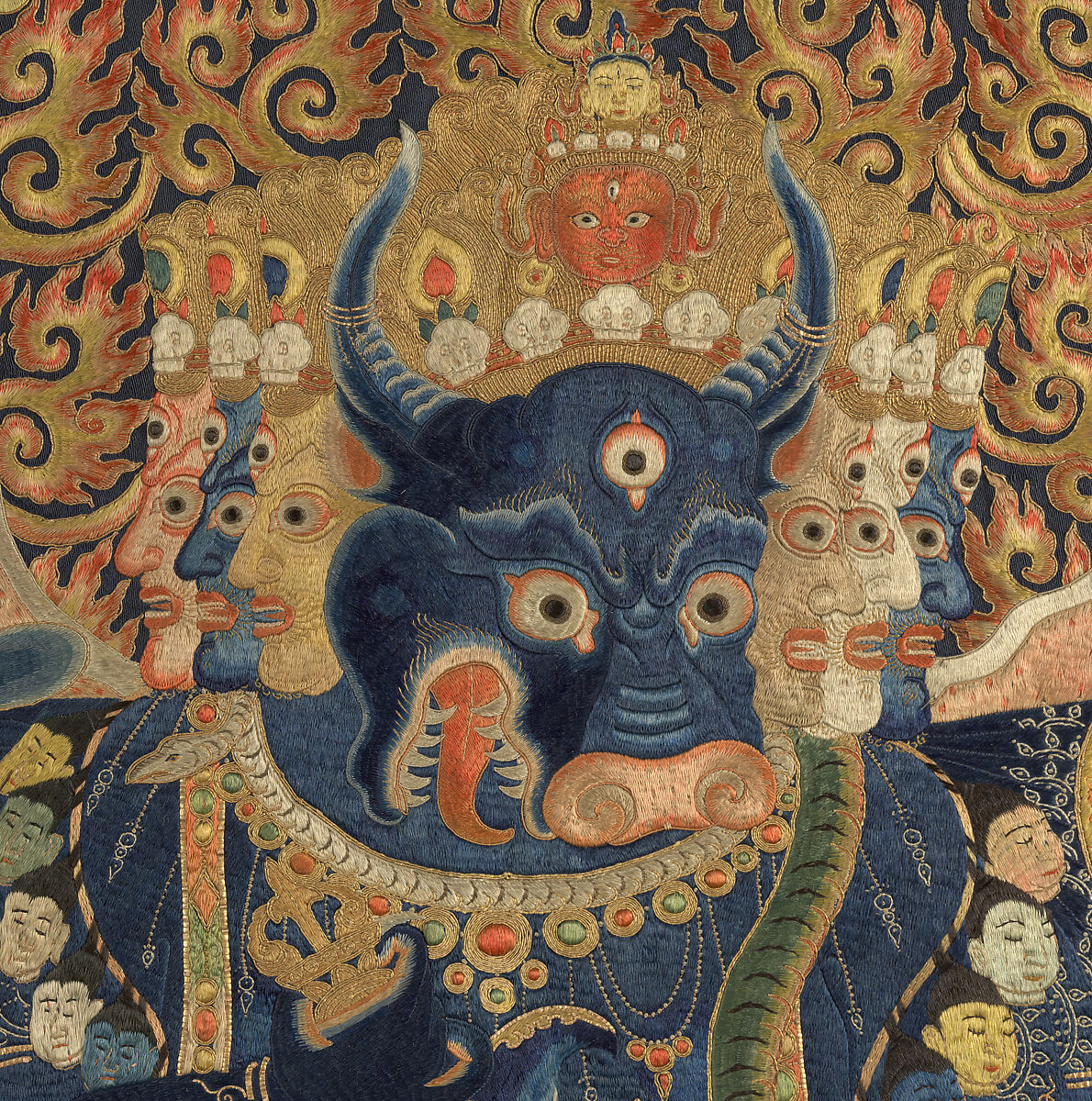 The Deity Vajrabhairava, Tantric Form of the Bodhisattva Manjushri, Silk embroidery with metal thread and horsehair on silk satin, China
