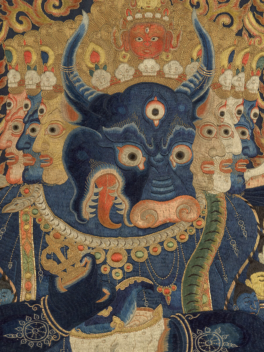 The Deity Vajrabhairava, Tantric Form of the Bodhisattva Manjushri, Silk embroidery with metal thread and horsehair on silk satin, China