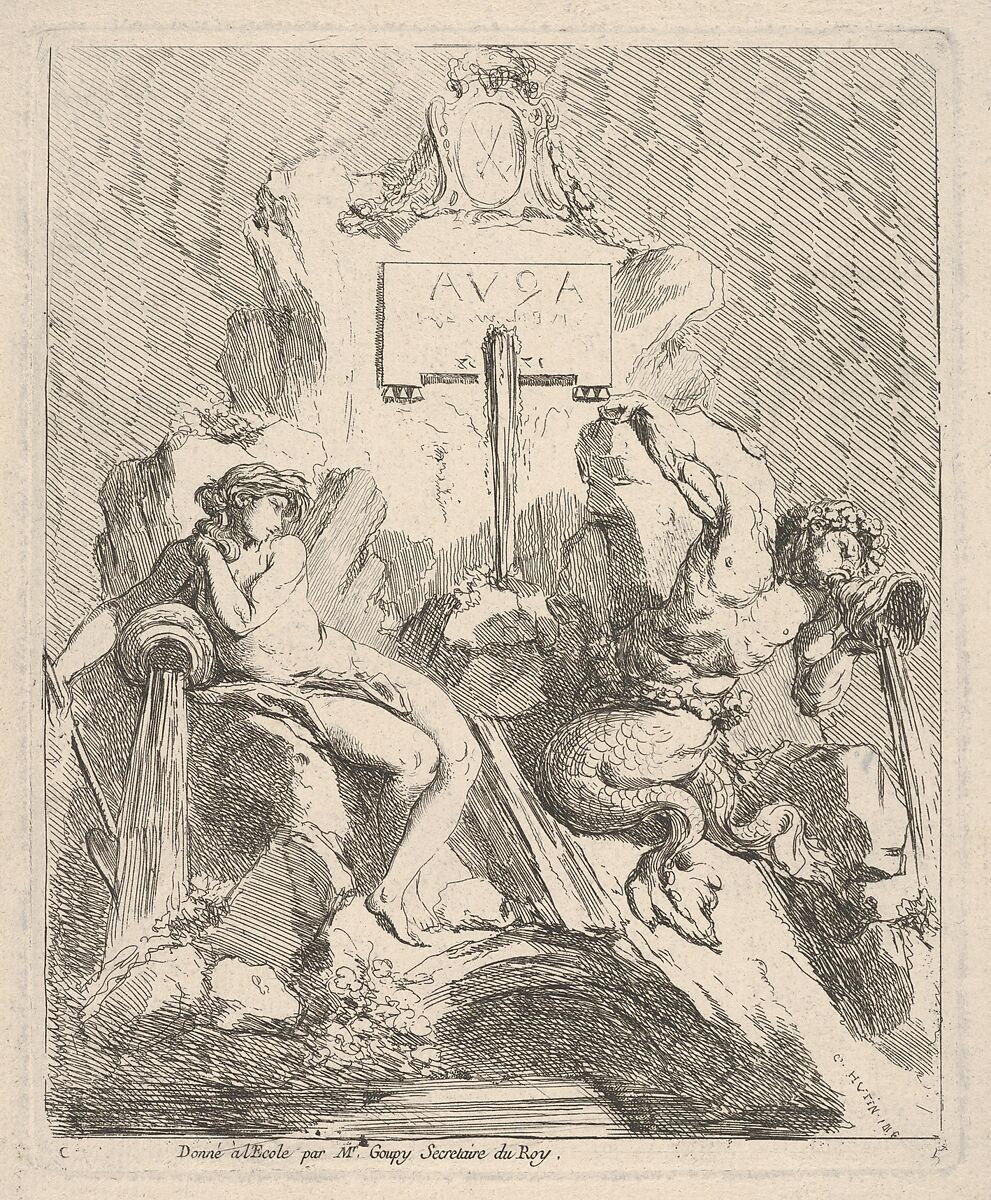 Design for a fountain with a seated nymph at left and triton holding a shell to his mouth at right, Charles Hutin  French, Etching