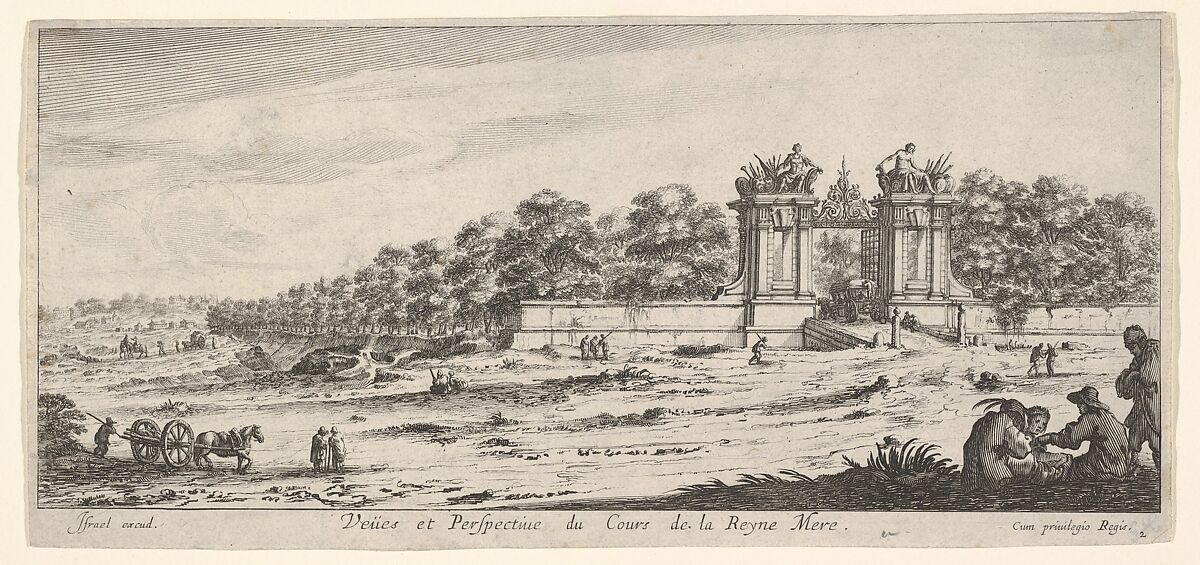View of the gate of the residence of the Queen Mother, from the series 'Views and new perspectives, drawn from the most beautiful places of Paris and environs' (Veües et perspectives nouvelles, tirées sur les plus beaux lieux de Paris et des environs), Claude Goyrand (French, Sens 1620–1662 Paris), Etching 