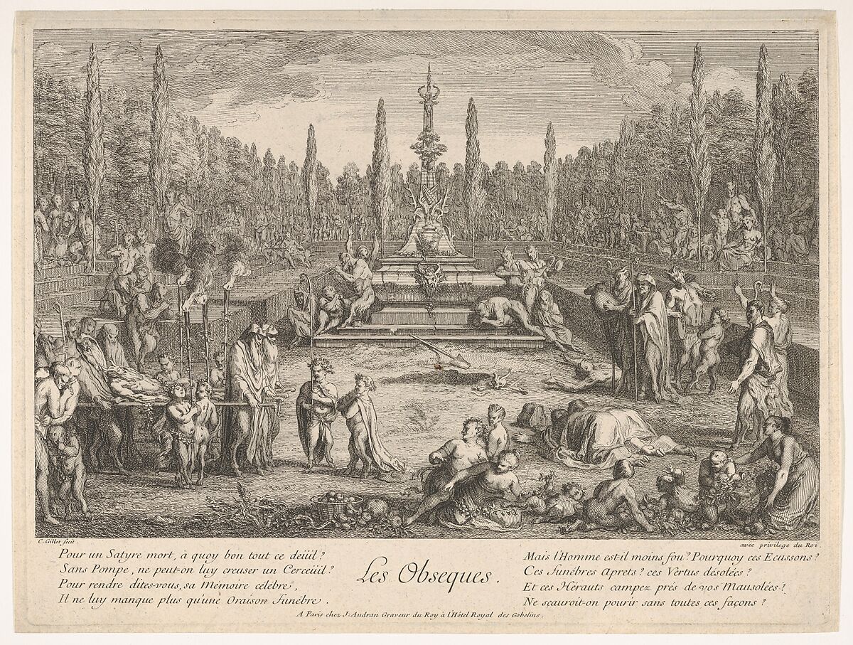 The Funeral (Les Obseques): various satyrs gathered in a clearing, funeral pyre to left, a freshly dug grave and a tomb decorated with satyr heads and antlers in center, upon which musicians are seated, from 'The lives of satyrs' (La vie des satyres), Claude Gillot (French, Langres 1673–1722 Paris), Etching 