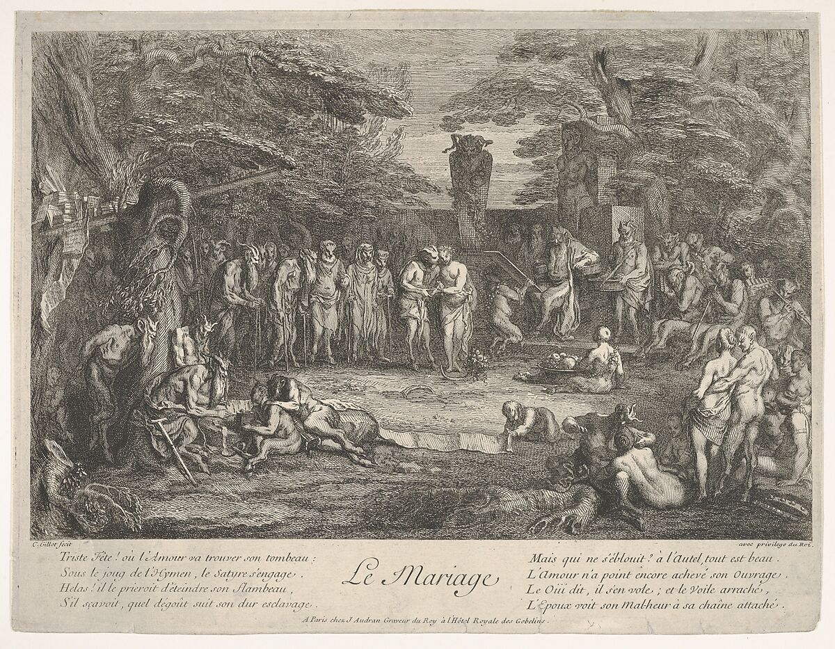 The Marriage (Le Mariage): in a forest, an old satyr marries the betrothed in center, musicians to right, old satyrs with canes to the left, a couple consulting an old philosopher to left in the foreground, from 'The lives of satyrs' (La vie des satyres), Claude Gillot (French, Langres 1673–1722 Paris), Etching 