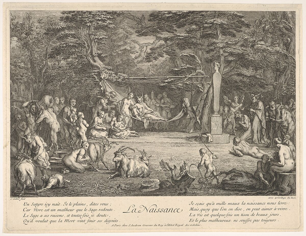 The Birth (La Naissance): in a forest, the new mother resting in a hammock at center, the newborn below her to left, various satyrs and goats surrounding, from 'The lives of satyrs' (La vie des satyres), Claude Gillot (French, Langres 1673–1722 Paris), Etching 