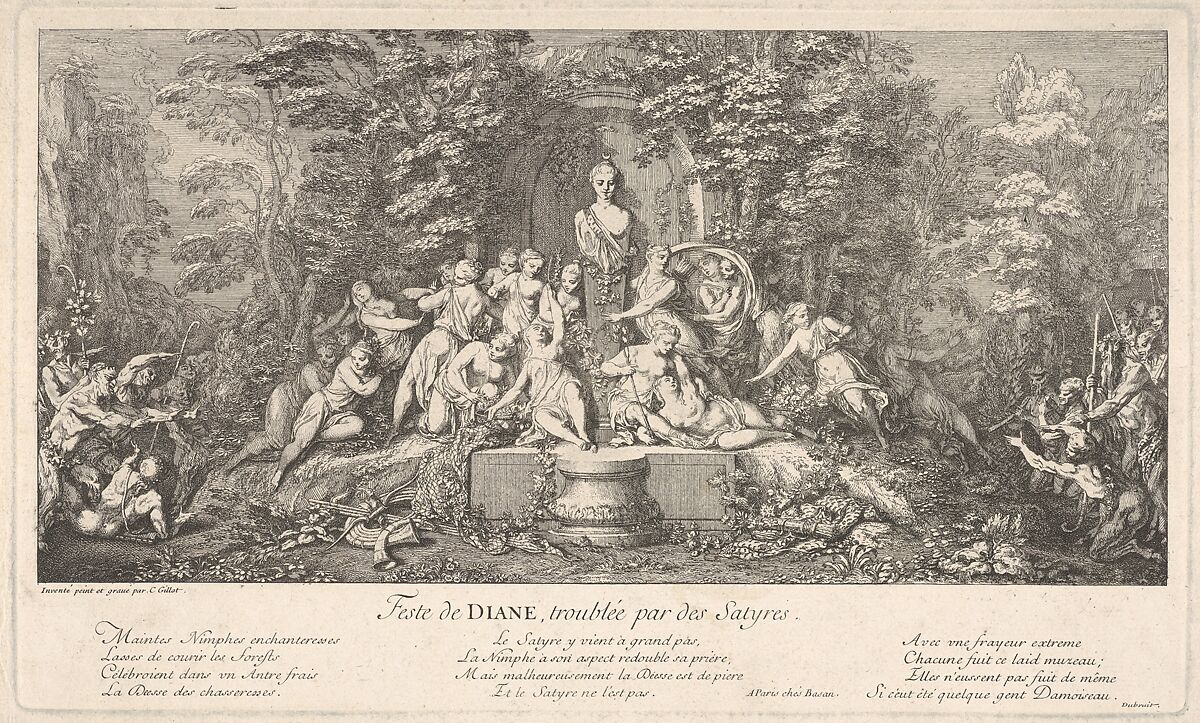 The festival of Diana, interrupted by satyrs (Feste de Diane, troublée par des Satyres): nymphs gathered around the bust of Diana in a stone niche at center, surprised by the arrival of satyrs from either side, from 'Les Bacchanales; Quatres Festes', Claude Gillot (French, Langres 1673–1722 Paris), Etching 