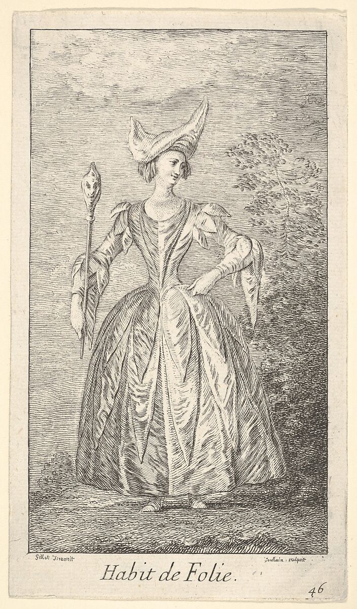 Plate 46: Habit de Folie: a woman in a ballet pose, wearing a bonnet and holding a marotte in her right hand,  from 'New designs for costumes' (Nouveaux desseins d'habillements à l'usage des balets operas et comedies), After Claude Gillot (French, Langres 1673–1722 Paris), Etching 