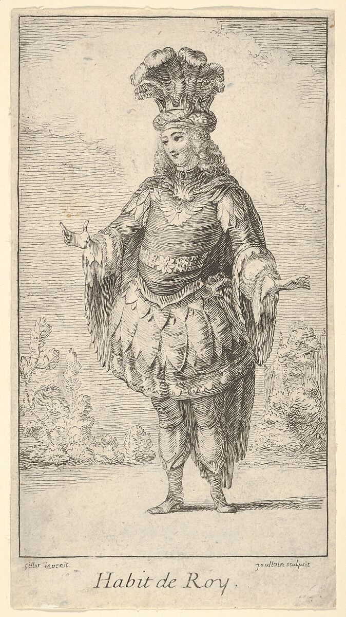 Habit de Roy: a man wearing a tonnelet decorated with rosettes, a crown and a turban with feathers on his head, from 'New designs for costumes' (Nouveaux desseins d'habillements à l'usage des balets operas et comedies), François Joullain (French, Paris 1697–1778 Paris), Etching 