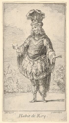 Habit de Roy: a man wearing a tonnelet decorated with rosettes, a crown and a turban with feathers on his head, from 'New designs for costumes' (Nouveaux desseins d'habillements à l'usage des balets operas et comedies)