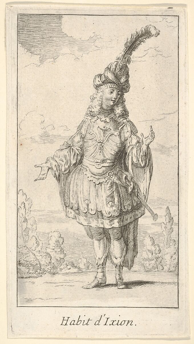 Habit d'Ixion: a man wearing a tonnelet with a sword in the belt, a turban with one large feather on his head, from 'New designs for costumes' (Nouveaux desseins d'habillements à l'usage des balets operas et comedies), François Joullain (French, Paris 1697–1778 Paris), Etching 