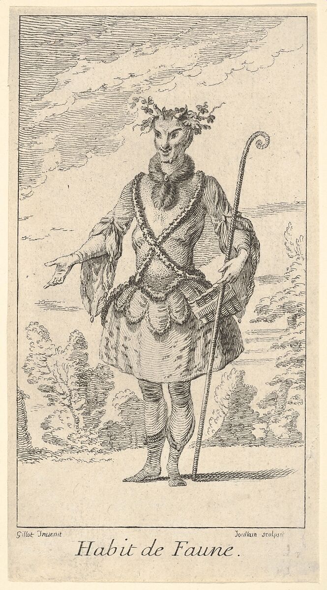 Habit de Faune: a faun wearing a tonnelet with a flute attached, a cane in his right hand and vines around his horns, from 'New designs for costumes' (Nouveaux desseins d'habillements à l'usage des balets operas et comedies), François Joullain (French, Paris 1697–1778 Paris), Etching 