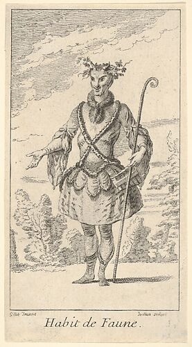 Habit de Faune: a faun wearing a tonnelet with a flute attached, a cane in his right hand and vines around his horns, from 