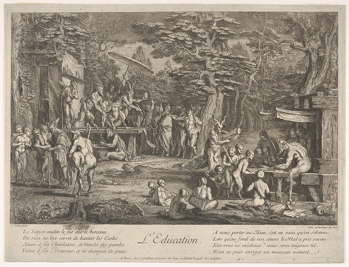 The Education (L'Education): in a forest, to right an old satyr instructor holding a wand, teaching a group of children, to the left a merchant of orvietan trying to attract spectators with his act, from 'The lives of satyrs' (La vie des satyres), Claude Gillot (French, Langres 1673–1722 Paris), Etching 
