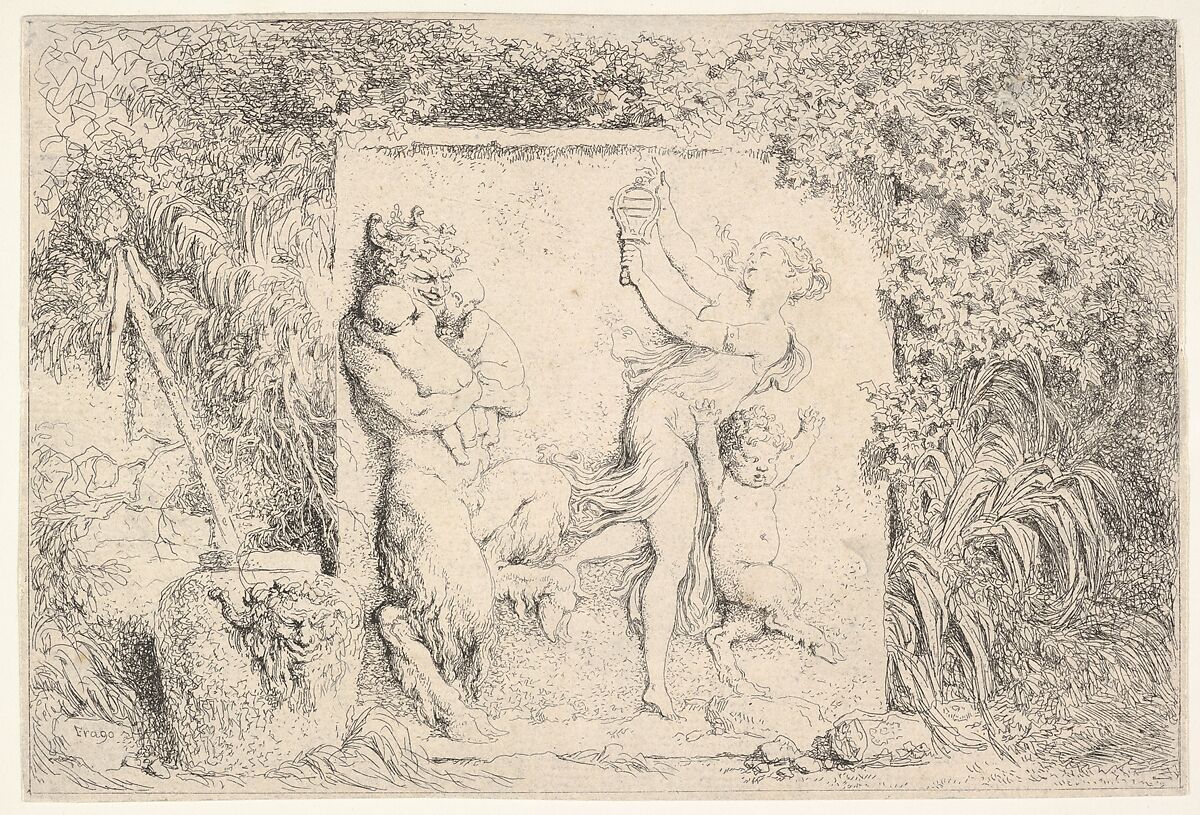 A bas-relief depicting a satyr at left holding two infants, another child satyr to right, dancing to the sound of the sistrum played by the woman in center, around the relief, a vase decorated with the head of a satyr, plants, and a thyrsus, from 'Four Bacchanalia' (Quatre Bacchanales), Jean Honoré Fragonard (French, Grasse 1732–1806 Paris), Etching 