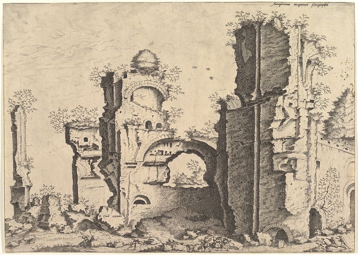 View of ruins, possibly the Baths of Caracalla, from the series 'The Small book of Roman ruins and buildings' (Operum antiquorum romanorum), After Hieronymus Cock (Netherlandish, Antwerp ca. 1510–1570 Antwerp), Etching and engraving 