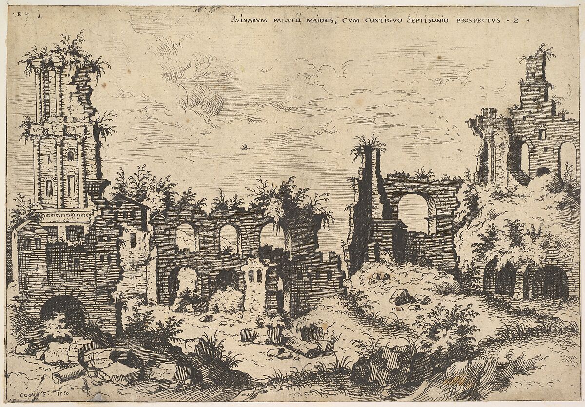View of ruins on the Palatine Hill with trabeated facade at left and arcades at center, from the series 'The Ruins of Rome' (Praecipua aliquot Romanae antiquitatis ruinarum monimenta, vivis prospectibus), Hieronymus Cock (Netherlandish, Antwerp ca. 1510–1570 Antwerp), Etching 